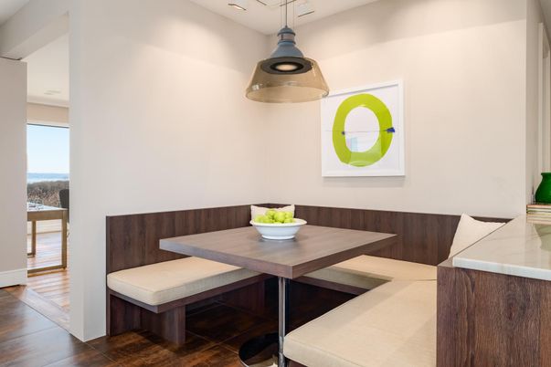 Dining room, Interior, Pendant Lights, Recessed Lighting, Wood Texture Flooring