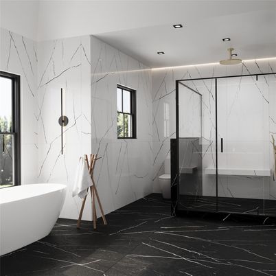 Bathroom, Free Standing Baths, Glass Shower, Interior, Marble, Marble Walls, Recessed Lighting