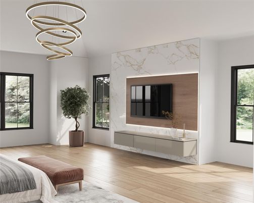 Bedroom, Fireplace, Interior, Marble Walls, Pendant Lights, Wood Texture Flooring