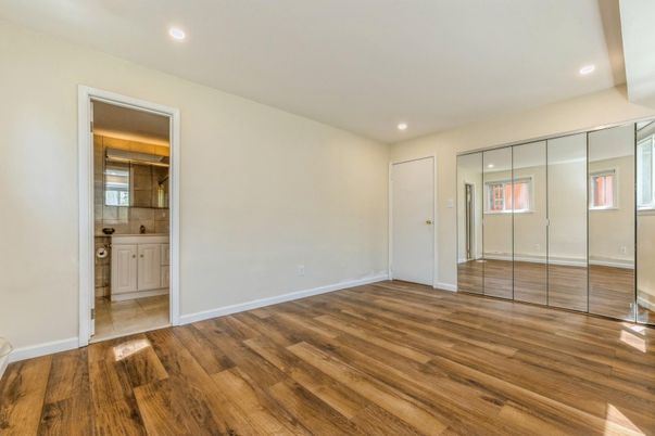 Bathroom, Empty room, Interior, Recessed Lighting, Wood Texture Flooring