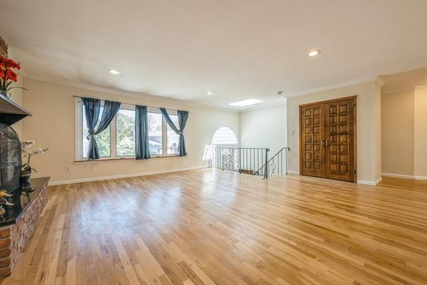 Empty room, Fireplace, Interior, Recessed Lighting, Wood Texture Flooring