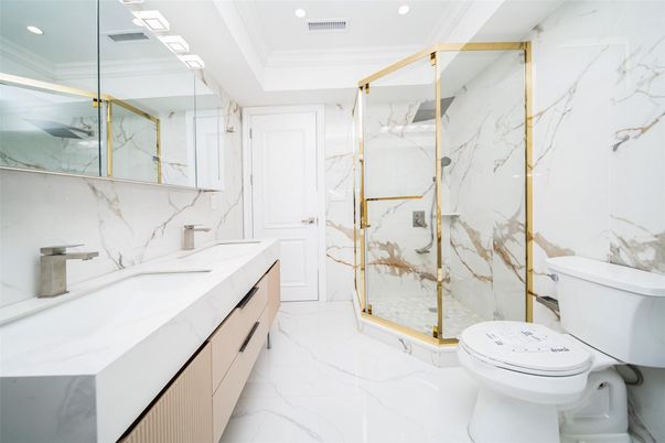 Bathroom, Glass Shower, Interior, Marble, Marble Walls, Recessed Lighting
