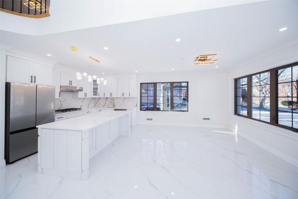 Interior, Kitchen, Marble, Pendant Lights, Recessed Lighting, Stainless Steel Appliances