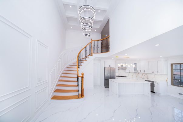 Interior, Kitchen, Marble, Marble Walls, Pendant Lights, Recessed Lighting, Stainless Steel Appliances