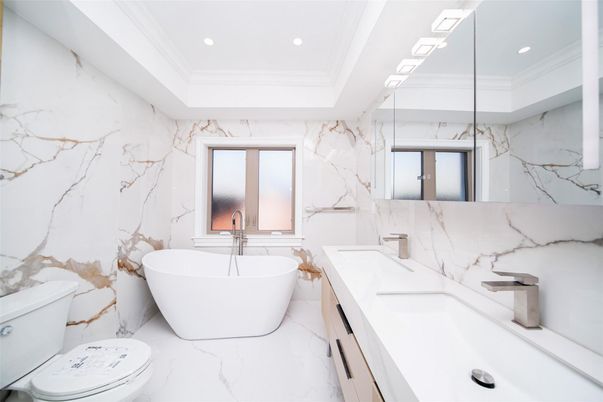 Bathroom, Dual Sink Vanities, Free Standing Baths, Interior, Marble, Marble Walls, Recessed Lighting