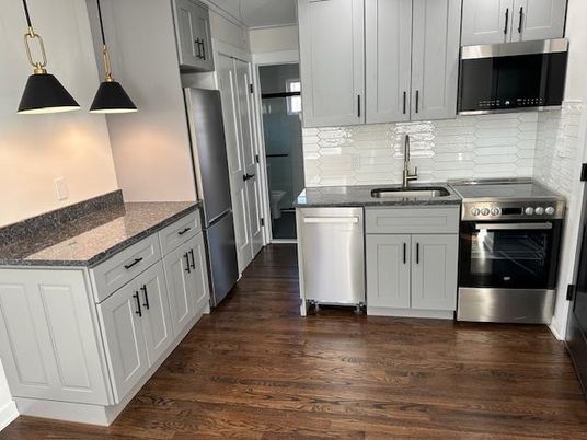 Interior, Kitchen, Pendant Lights, Stainless Steel Appliances, Wood Texture Flooring