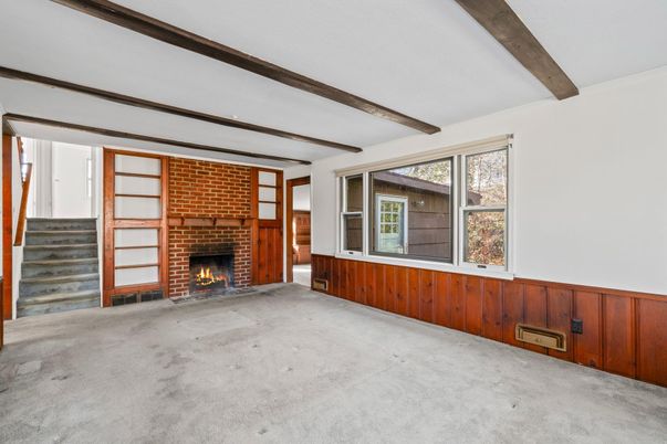 Empty room, Fireplace, Interior, Stone Walls, Wooden Beams