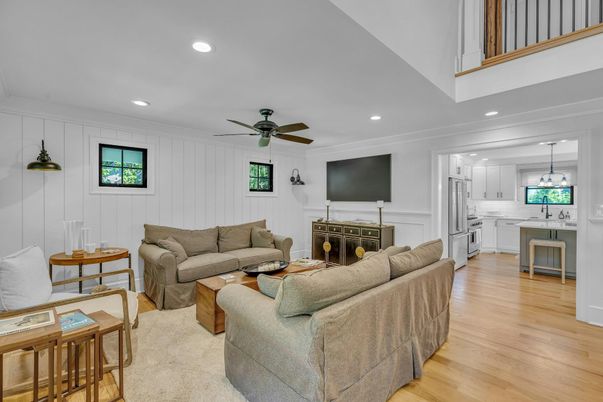 Fireplace, Interior, Kitchen, Living room, Pendant Lights, Recessed Lighting, Wood Texture Flooring