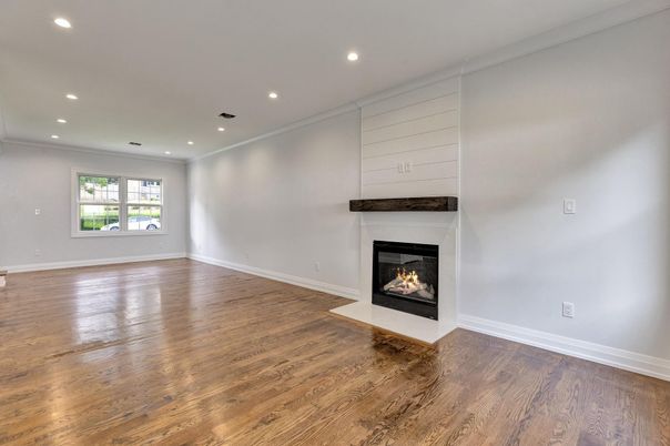 Empty room, Fireplace, Interior, Recessed Lighting, Wood Texture Flooring