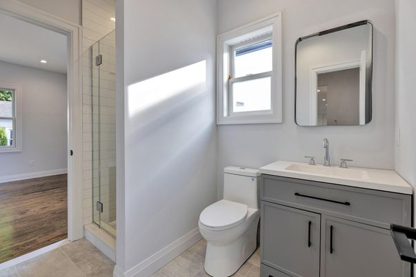 Bathroom, Glass Shower, Interior, Recessed Lighting, Wood Texture Flooring