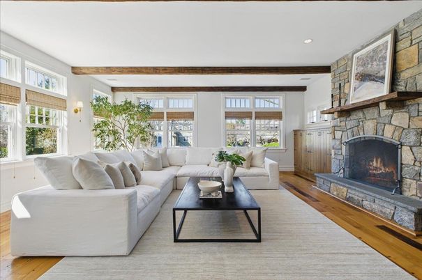 Fireplace, Interior, Living room, Recessed Lighting, Stone Walls, Wooden Beams, Wood Texture Flooring