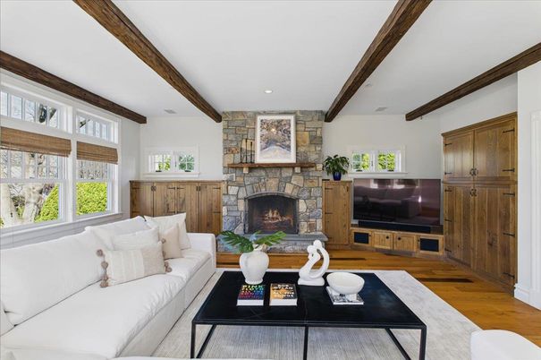 Fireplace, Interior, Living room, Recessed Lighting, Stone Walls, Wooden Beams, Wood Texture Flooring