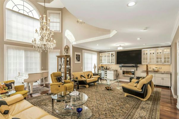 Chandelier, Fireplace, Interior, Living room, Recessed Lighting, Wood Texture Flooring