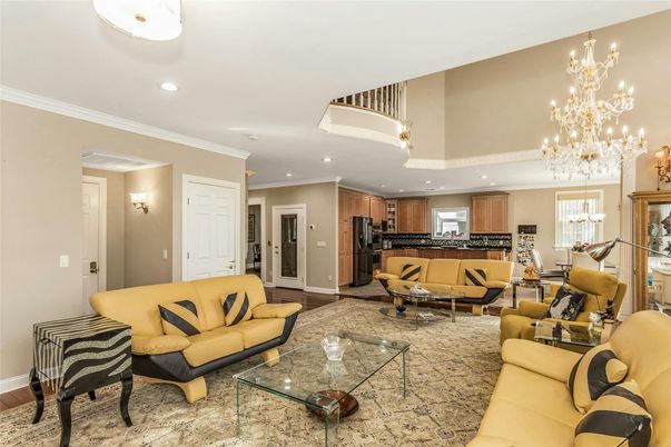 Chandelier, Dining room, Interior, Kitchen, Living room, Recessed Lighting, Stainless Steel Appliances, Wood Texture Flooring
