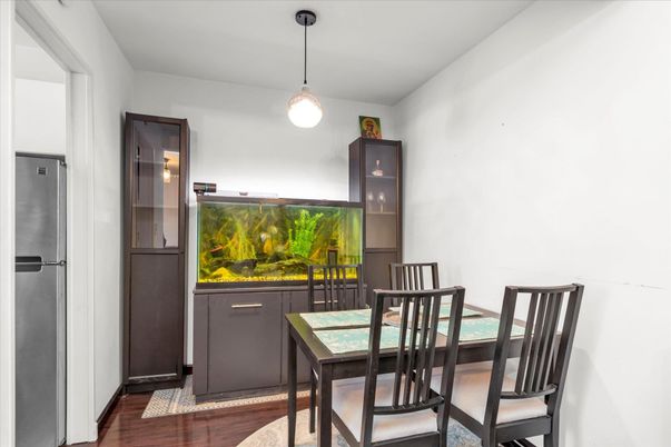 Dining room, Interior, Pendant Lights, Wood Texture Flooring