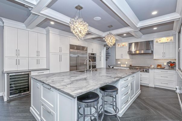 Chandelier, Interior, Kitchen, Pendant Lights, Recessed Lighting, Stainless Steel Appliances, Wood Texture Flooring