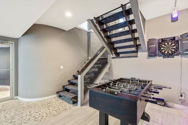 Game Room, Interior, Pendant Lights, Recessed Lighting, Wood Texture Flooring