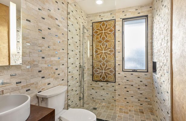 Bathroom, Glass Shower, Interior, Recessed Lighting, Stone Walls