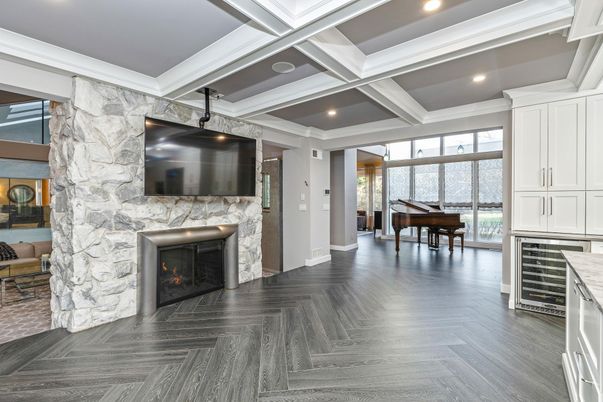 Fireplace, Interior, Marble Walls, Piano, Recessed Lighting, Wood Texture Flooring