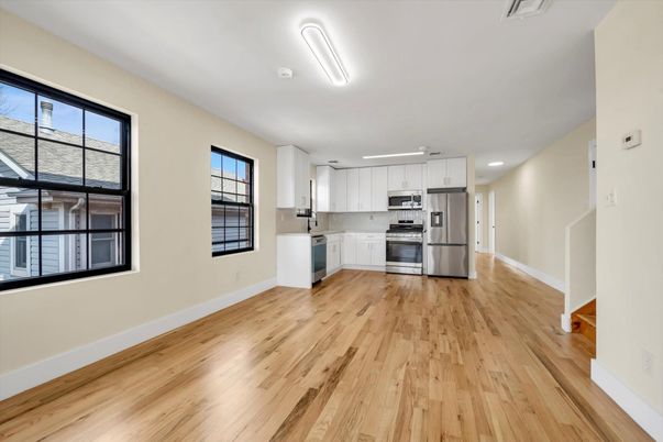 Interior, Kitchen, Recessed Lighting, Stainless Steel Appliances, Wood Texture Flooring