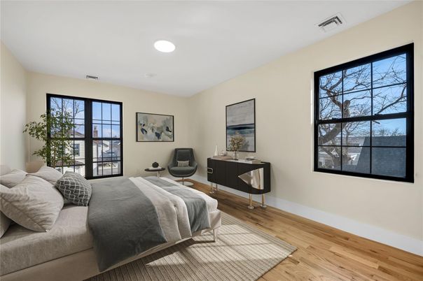 Bedroom, Interior, Recessed Lighting, Wood Texture Flooring