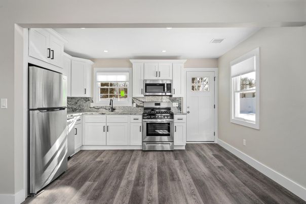 Interior, Kitchen, Recessed Lighting, Stainless Steel Appliances, Wood Texture Flooring