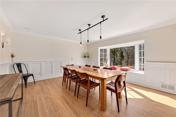 Dining room, Interior, Pendant Lights, Wood Texture Flooring