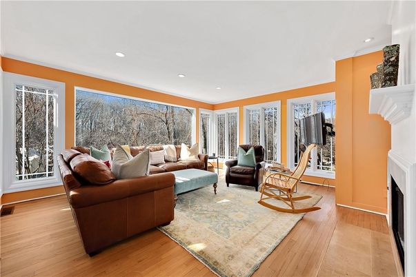Fireplace, Interior, Living room, Recessed Lighting, Wood Texture Flooring