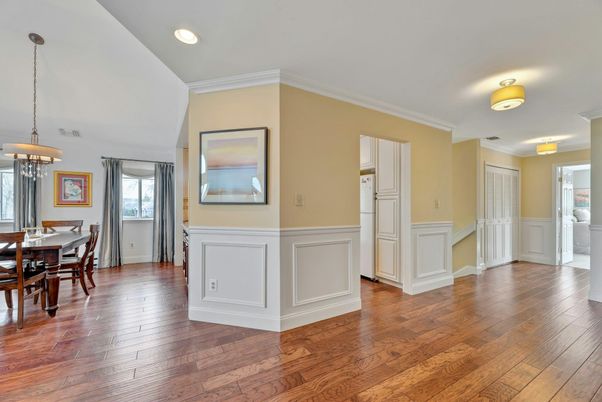 Dining room, Interior, Pendant Lights, Recessed Lighting, Wood Texture Flooring
