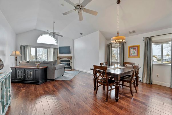 Dining room, Fireplace, Interior, Living room, Pendant Lights, Wood Texture Flooring