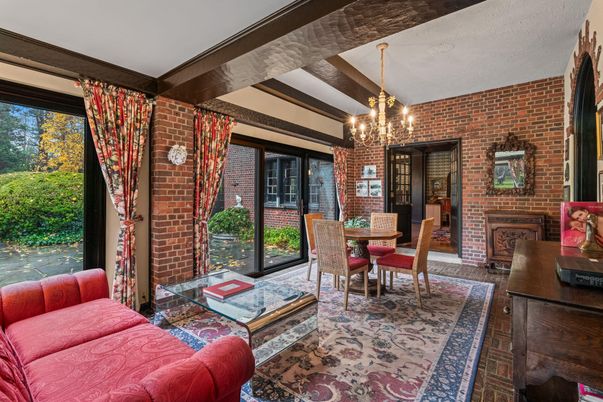 Dining room, Fireplace, Interior, Living room, Pendant Lights, Stone Walls, Wood Texture Flooring