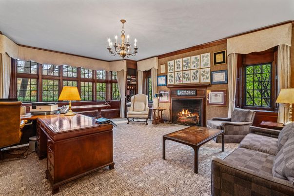 Chandelier, Fireplace, Home Office, Interior, Living room, Wooden Walls