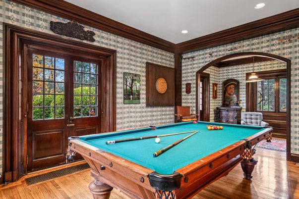 Billiard Table, Game Room, Interior, Recessed Lighting, Stone Walls, Wood Texture Flooring