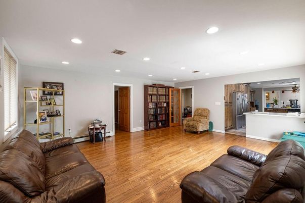 Interior, Kitchen, Living room, Recessed Lighting, Stainless Steel Appliances, Wood Texture Flooring