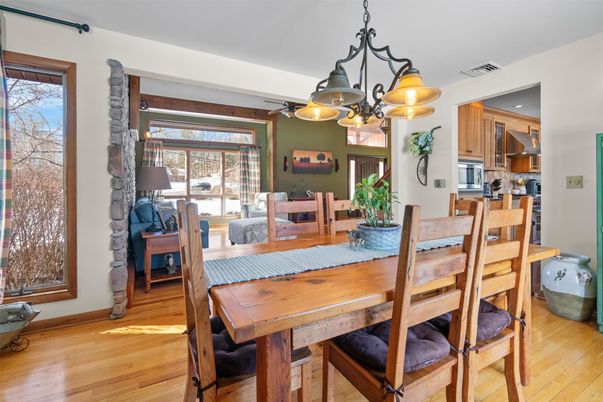 Dining room, Interior, Kitchen, Pendant Lights, Wood Texture Flooring