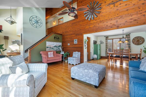 Dining room, Interior, Living room, Pendant Lights, Wooden Ceilings, Wood Texture Flooring, Wooden Walls