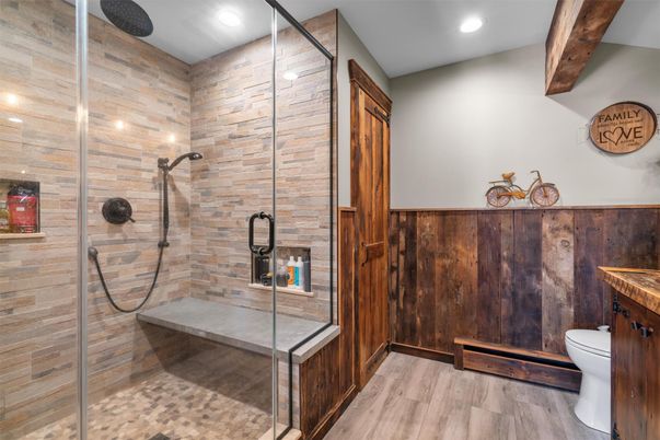 Bathroom, Glass Shower, Interior, Recessed Lighting, Wood Texture Flooring, Wooden Walls