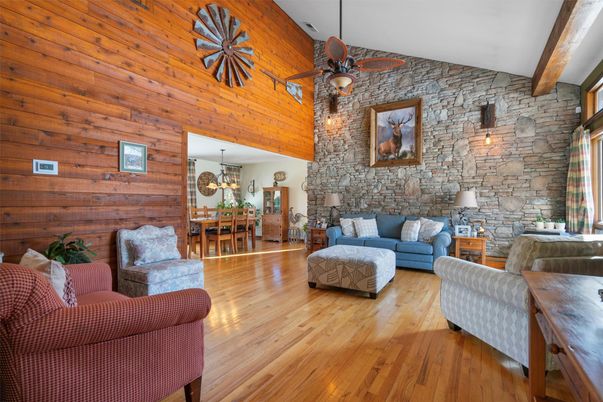 Chandelier, Dining room, Interior, Living room, Pendant Lights, Stone Walls, Wooden Beams, Wood Texture Flooring, Wooden Walls