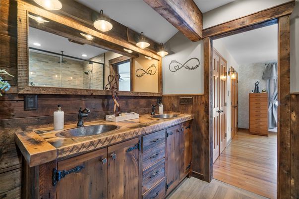 Bathroom, Dual Sink Vanities, Glass Shower, Interior, Wooden Beams, Wood Texture Flooring