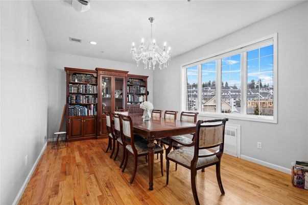 Chandelier, Dining room, Interior, Recessed Lighting, Wood Texture Flooring