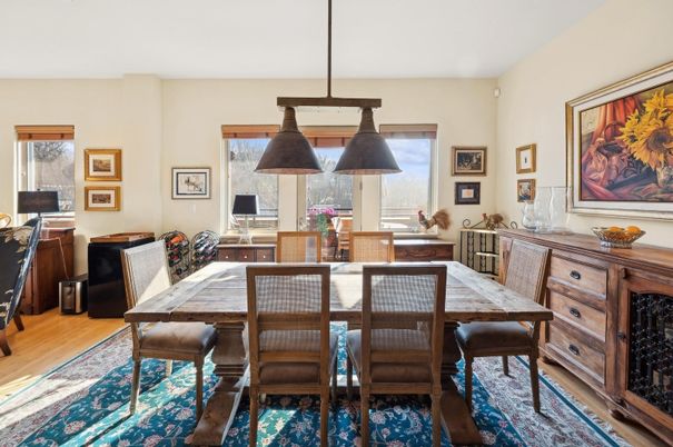 Dining room, Interior, Pendant Lights, Wood Texture Flooring