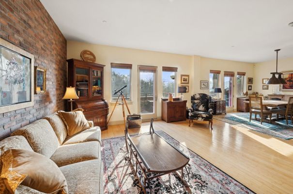 Dining room, Interior, Living room, Pendant Lights, Piano, Stone Walls, Wood Texture Flooring