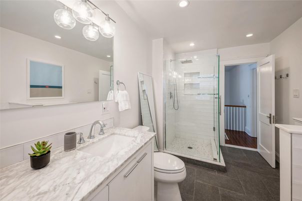 Bathroom, Glass Shower, Interior, Recessed Lighting, Wood Texture Flooring