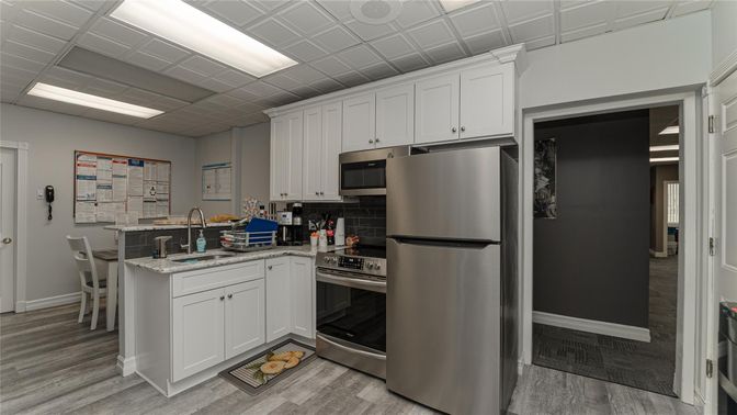 Interior, Kitchen, Recessed Lighting, Stainless Steel Appliances, Wood Texture Flooring