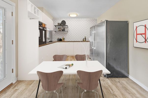 Dining room, Interior, Kitchen, Stainless Steel Appliances, Wood Texture Flooring