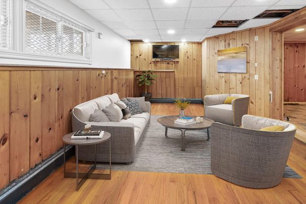 Interior, Living room, Recessed Lighting, Wood Texture Flooring, Wooden Walls