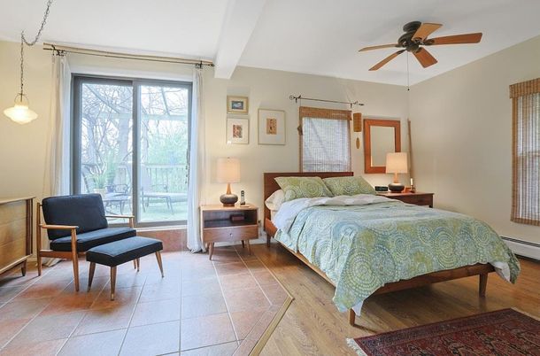 Bedroom, Interior, Pendant Lights, Wood Texture Flooring