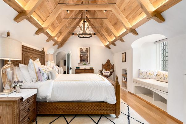 Bedroom, Interior, Pendant Lights, Wooden Beams, Wooden Ceilings, Wood Texture Flooring
