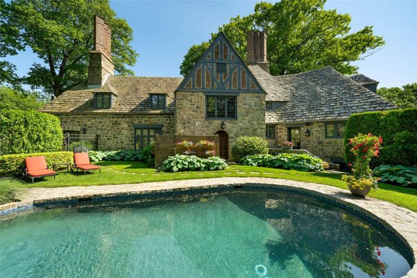 Exterior, Facade, Brick Facade, Pool, Tudor Revival