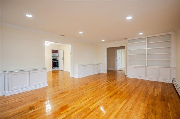 Empty room, Interior, Kitchen, Recessed Lighting, Wood Texture Flooring